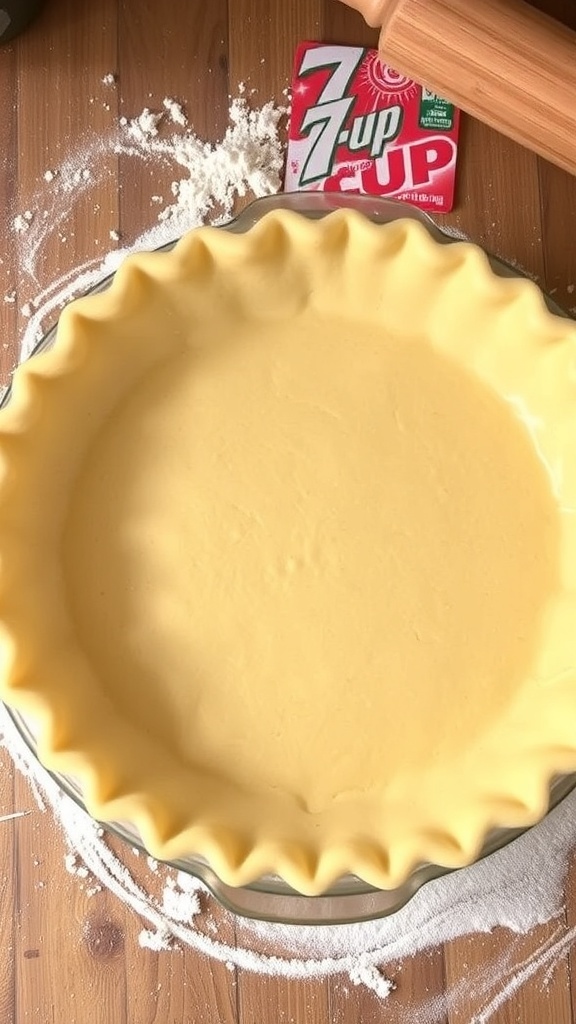 Golden flaky pie crust made with 7-Up in a pie dish, set on a rustic kitchen countertop.
